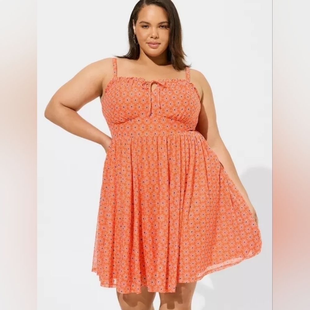 Torrid Shirred mini mesh Bust Skater Dress Sunny Days Nastuetium 2x New orange